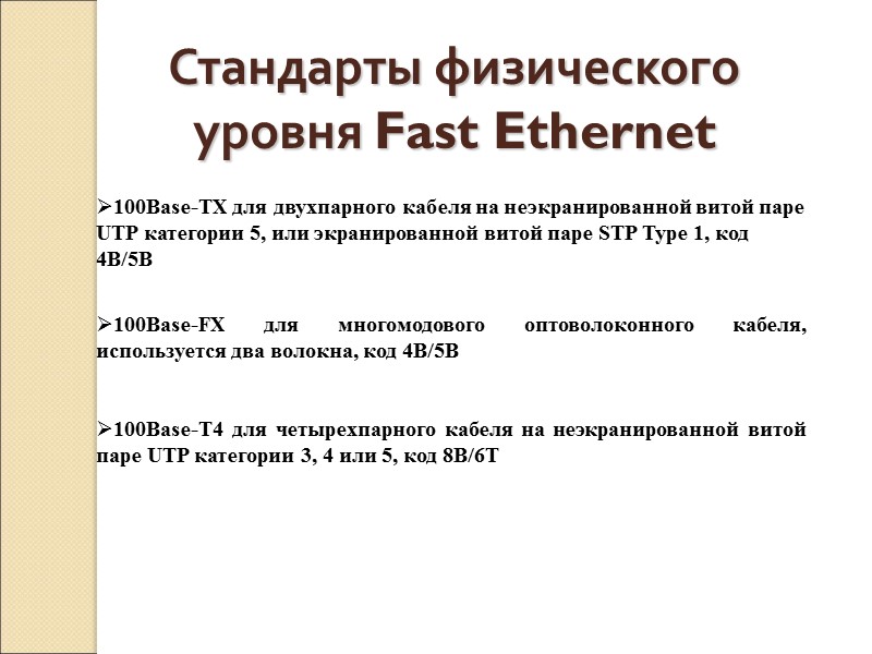 100Base-TX для двухпарного кабеля на неэкранированной витой паре UTP категории 5, или экранированной витой